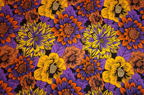 Tela africana estampada - Amarillo y morado Flowers - 100 % algodón