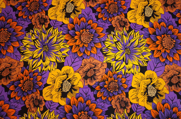 Tela africana estampada - Amarillo y morado Flowers - 100 % algodón
