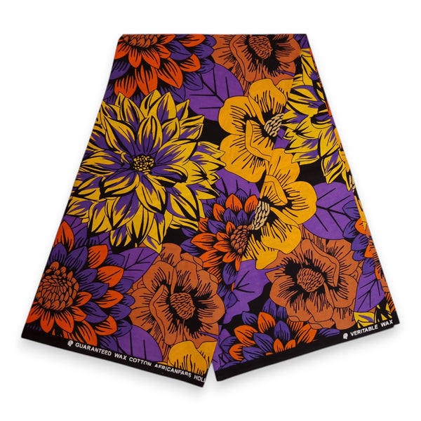 Tela africana estampada - Amarillo y morado Flowers - 100 % algodón