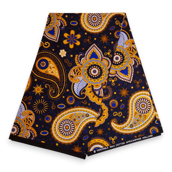 Tela estampada africana - Azul marino Amarillo Paisley - 100 % algodón