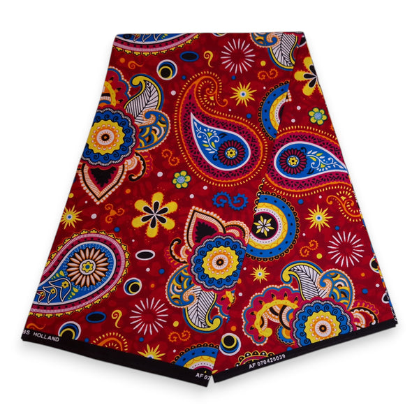 Tela estampada africana - Rojo Azul Paisley - 100 % algodón