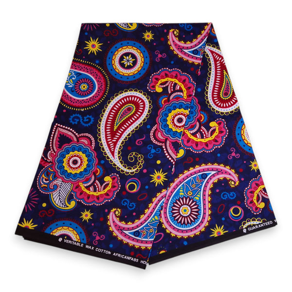 Tela estampada africana - Azul Rosa Paisley - 100 % algodón