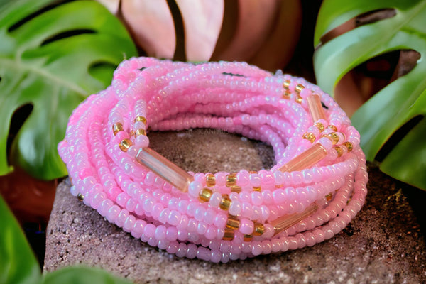 Perlas de cintura 3 en 1 / Cadena de cadera africana - AME - Rosa (elástico)