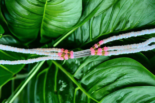 Perlas de cintura 3 en 1 / Cadena de cadera africana - ABEBI - Rosa / blanco (elástico)