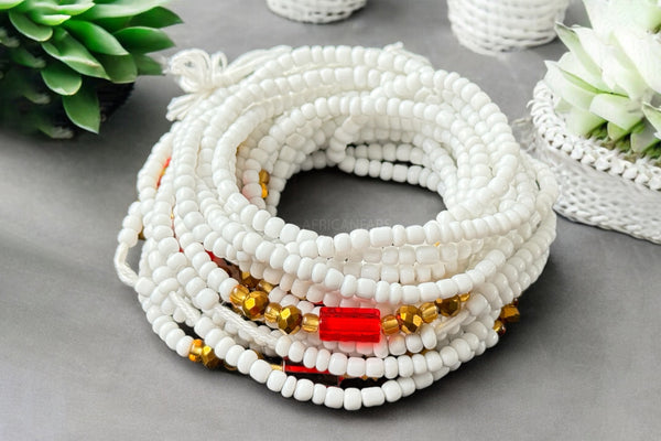 Perlas de cintura / Cadena de cadera africana - Nayoghóna - Blanco / Rojo (Cordón tradicional no elástico)