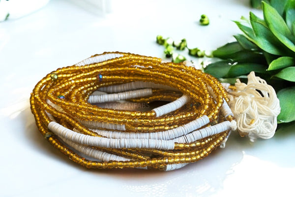 Perlas de cintura / Cadena de cadera africana - Osi - Blanco / dorado (Cordón tradicional no elástico)