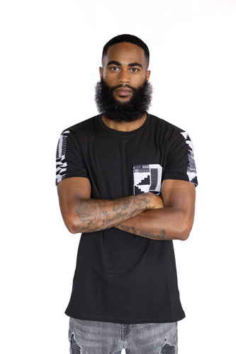 Camiseta con detalles de estampado africano - Bolsillo Kente negro / blanco