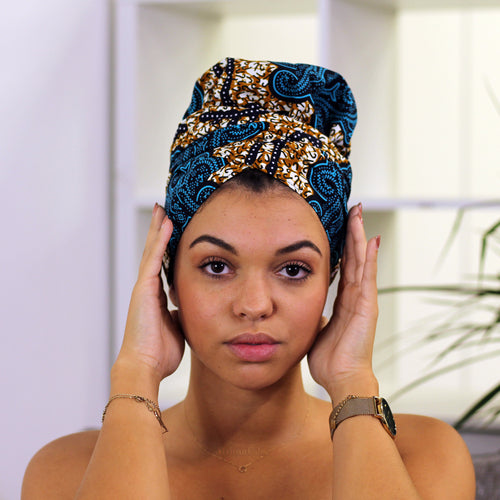 Easy headwrap - Gorro forrado de raso - Azul / Mostaza classic