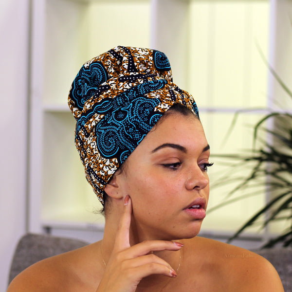 Easy headwrap - Gorro forrado de raso - Azul / Mostaza classic