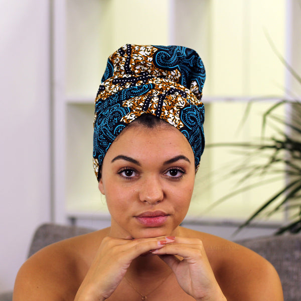 Easy headwrap - Gorro forrado de raso - Azul / Mostaza classic