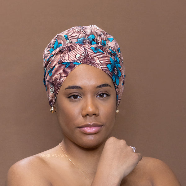 Easy headwrap - Gorro forrado de raso - Flor Coral / azul