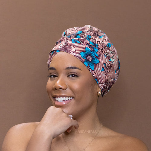Easy headwrap - Gorro forrado de raso - Flor Coral / azul