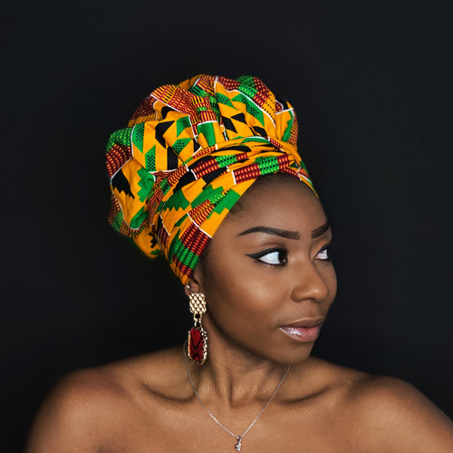 Easy headwrap - Gorro forrado de raso - Amarillo / verde Kente