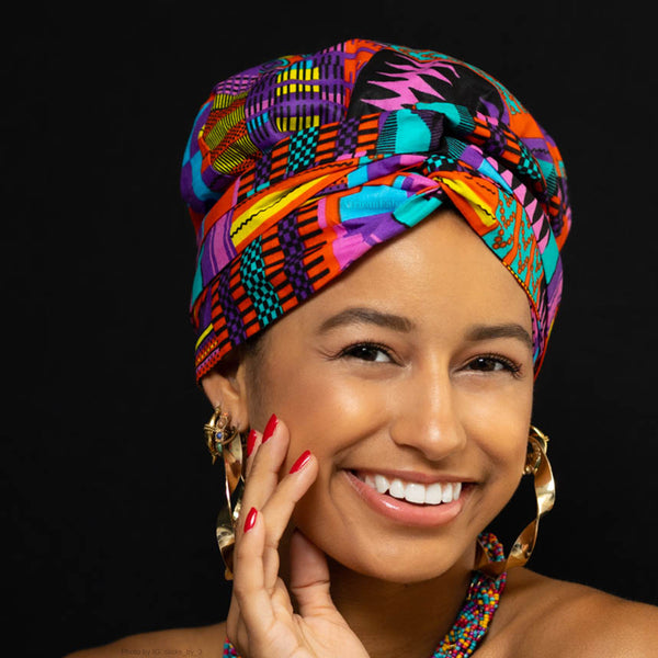 Easy headwrap - Gorro forrado de satén - Púrpura Kente / Rosa