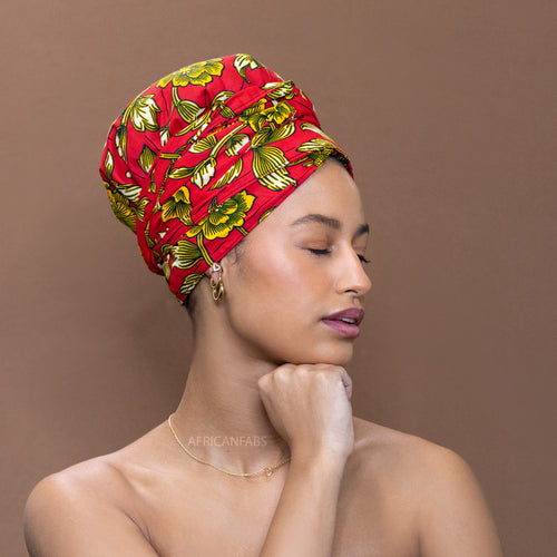 Easy headwrap - Gorro forrado de raso - Flor Rojo / Amarillo