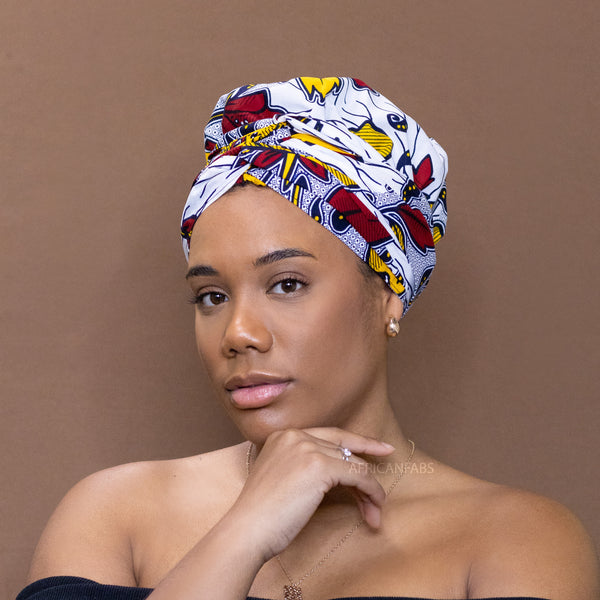 Easy headwrap - Gorro forrado de raso - Flor Blanco rojo / Amarillo