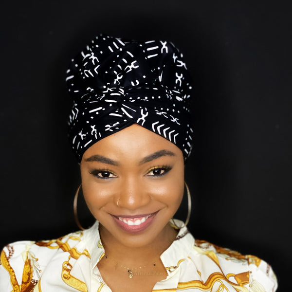 Easy headwrap - Gorro de pelo con forro de satén - Bogolan negro / blanco