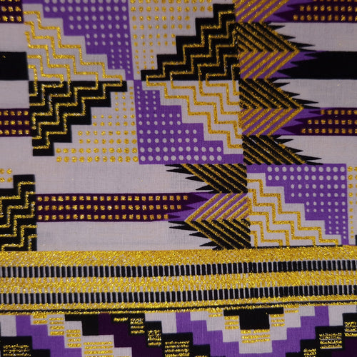 Tela estampada africana - Efectos exclusivos de purpurina embellecida 100% algodón - GL-4047 Morado Dorado Kente