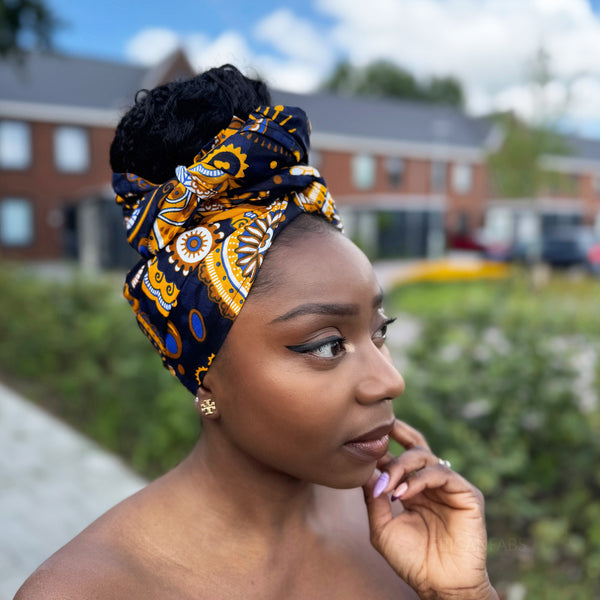Cinta para la cabeza con flor rojo africano / Azul marino Amarillo Paisley
