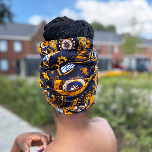 Cinta para la cabeza con flor rojo africano / Azul marino Amarillo Paisley