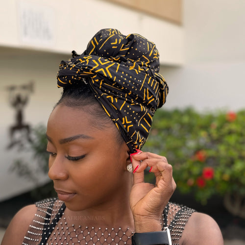 Cinta para la cabeza africana en Negro / Amarillo X Bogolan