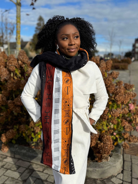 Bufanda de invierno con estampado africano Unisex - Modelo estrecho - Marrón Símbolos Bogolan