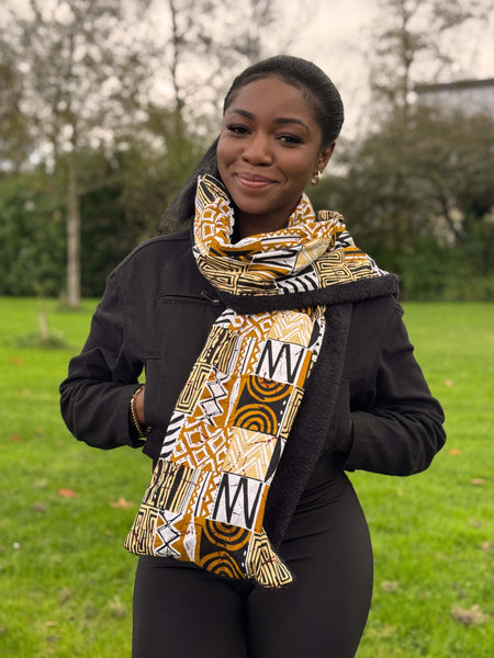 Bufanda de invierno con estampado africano Unisex - Modelo estrecho -Arena Mosaico Bogolan