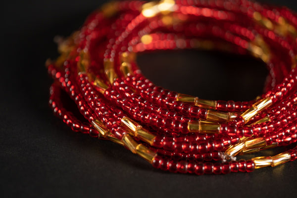 Perlas de Cintura / Cadena de Cintura Africana - ESE - Rojo / Dorado (elástico)