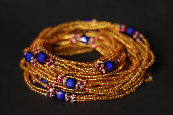 Cuentas de cintura 3 en 1 / Cadena de cadera africana - IYORE- Azul / Oro (elástico)