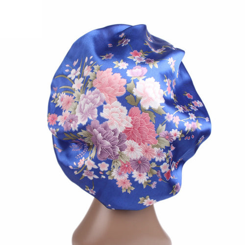 Gorro de pelo de satén con flores de color rosa azul (gorro de dormir de noche de satén)