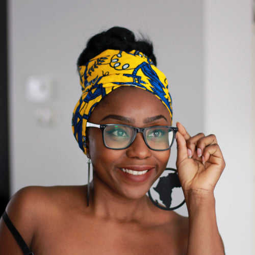 Headwrap africano - Estela de hoja amarilla / azul (Vlisco)