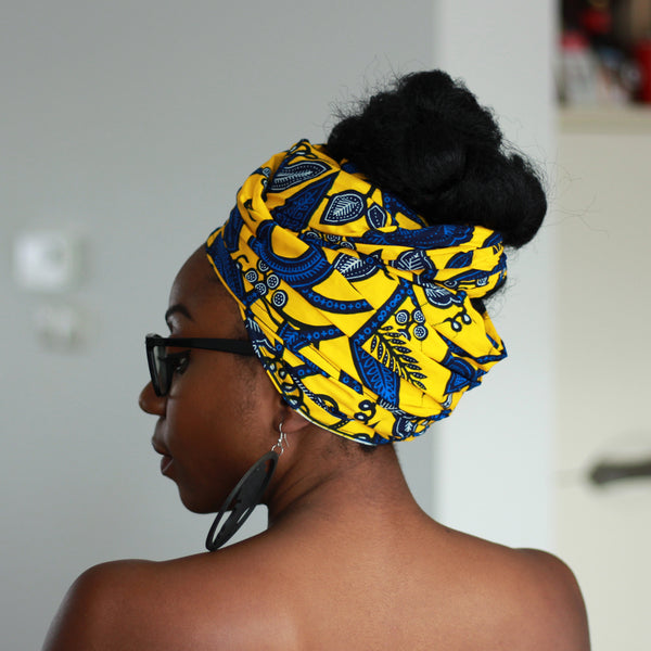 Headwrap africano - Estela de hoja amarilla / azul (Vlisco)