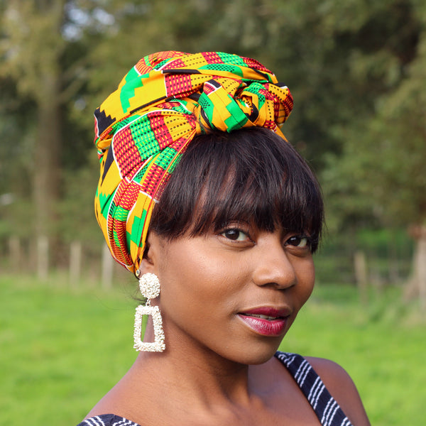 Turbante africano - Estampado kente bloques verde/amarillo