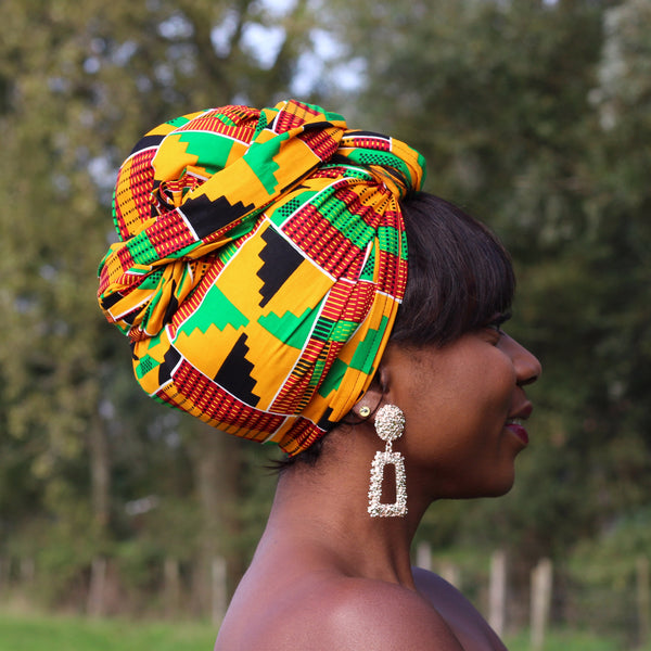 Turbante africano - Estampado kente bloques verde/amarillo