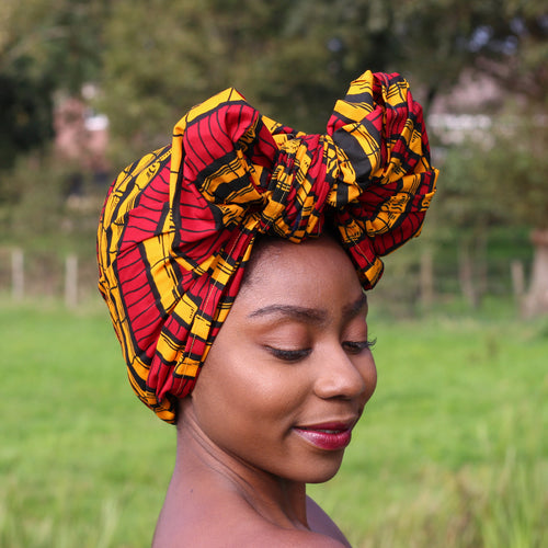 Headwrap africano- Caña de azúcar amarilla roja (Vlisco)