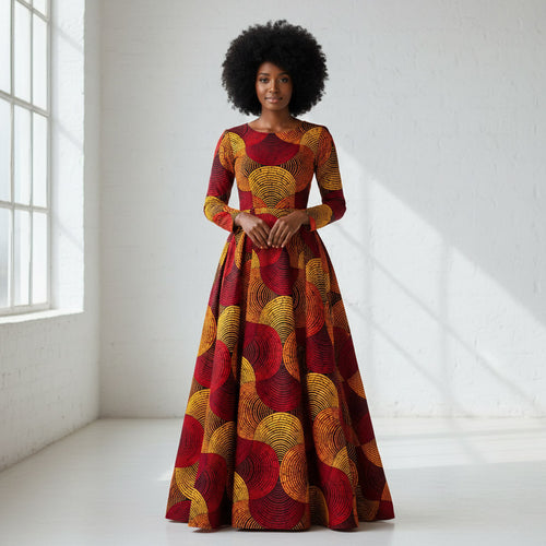 Tela africana estampada - Rojo y amarillo Concentric Circle Design - 100 % algodón