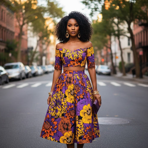 Tela africana estampada - Amarillo y morado Flowers - 100 % algodón