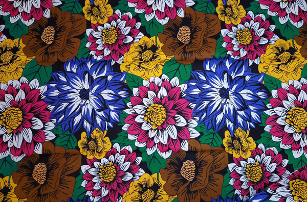 Tela africana estampada - Azul y fucsia Flowers - 100 % algodón