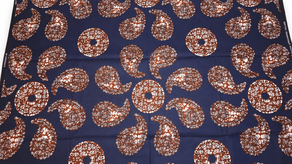 Tela africana wax estampada - Azul Marrón Navy Paisley Sun - 100% algodón