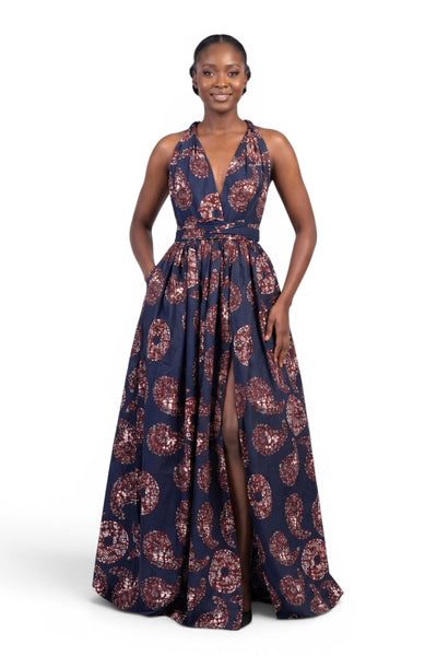 Tela africana wax estampada - Azul Marrón Navy Paisley Sun - 100% algodón