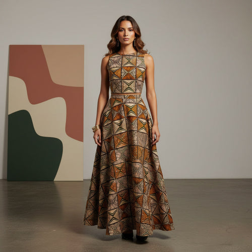 Tela africana estampada - Naranja y verde oliva African Prism - 100 % algodón