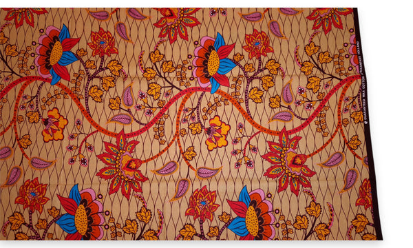 Tela africana estampada - Beige y naranja Botanical Flow - 100 % algodón