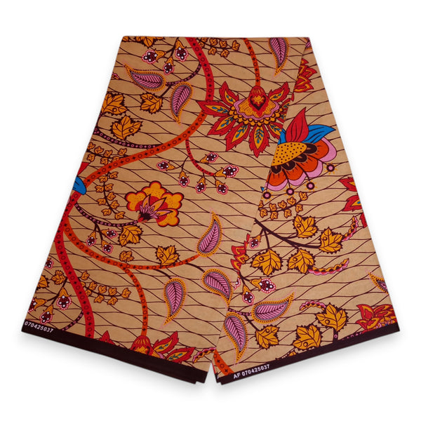 Tela africana estampada - Beige y naranja Botanical Flow - 100 % algodón