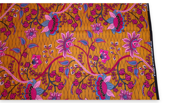 Tela africana estampada - Mostaza y rosa Botanical Flow - 100 % algodón