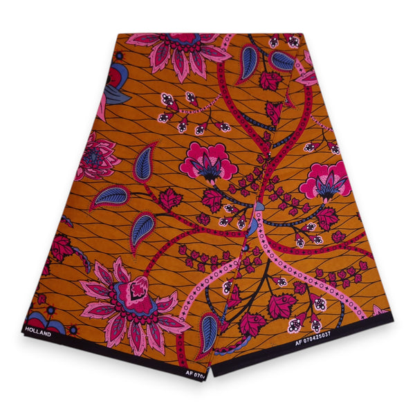 Tela africana estampada - Mostaza y rosa Botanical Flow - 100 % algodón