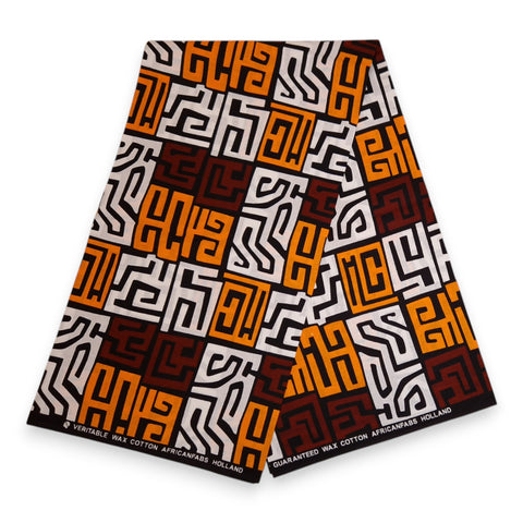 Tela africana estampada - Marrón y naranja amarillento Kuba Blocks Congo - 100 % algodón