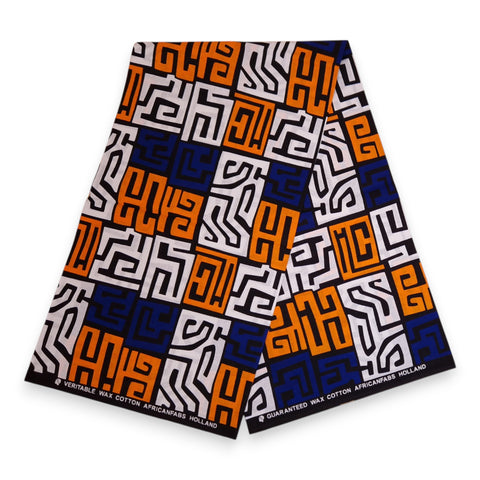 Tela africana estampada - Azul y naranja amarillento Kuba Blocks Congo - 100 % algodón