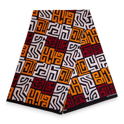 Tela africana estampada - Rojo burdeos y naranja amarillento Kuba Blocks Congo - 100 % algodón