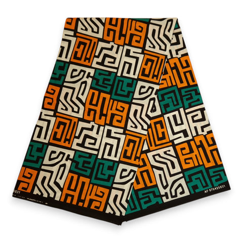 Tela africana estampada - Verde azulado y naranja amarillento Kuba Blocks Congo - 100 % algodón