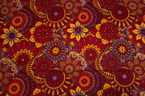 Tela africana estampada - Rojo y amarillo Mandala Patchwork - 100 % algodón